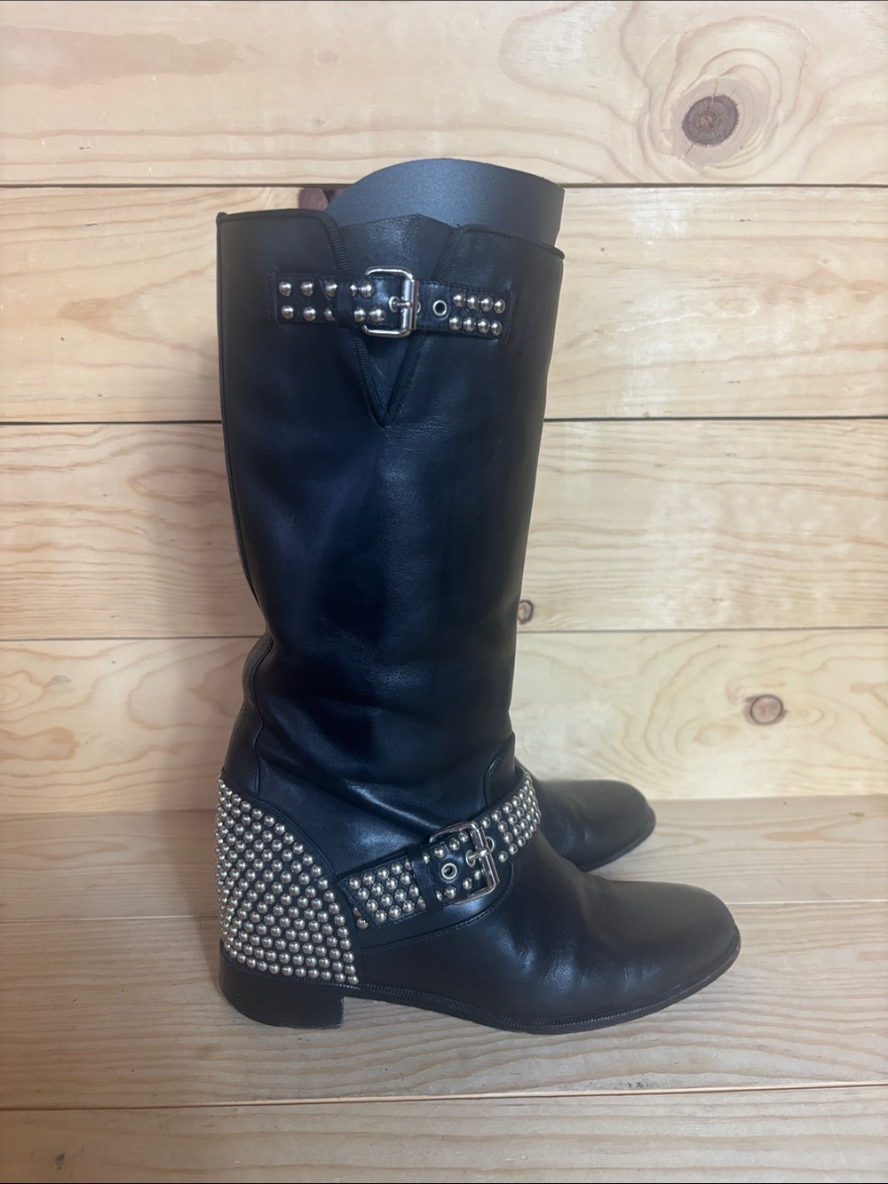Christian Louboutin black leather studded moto boots 37 1/2 - Picture 9 of 16
